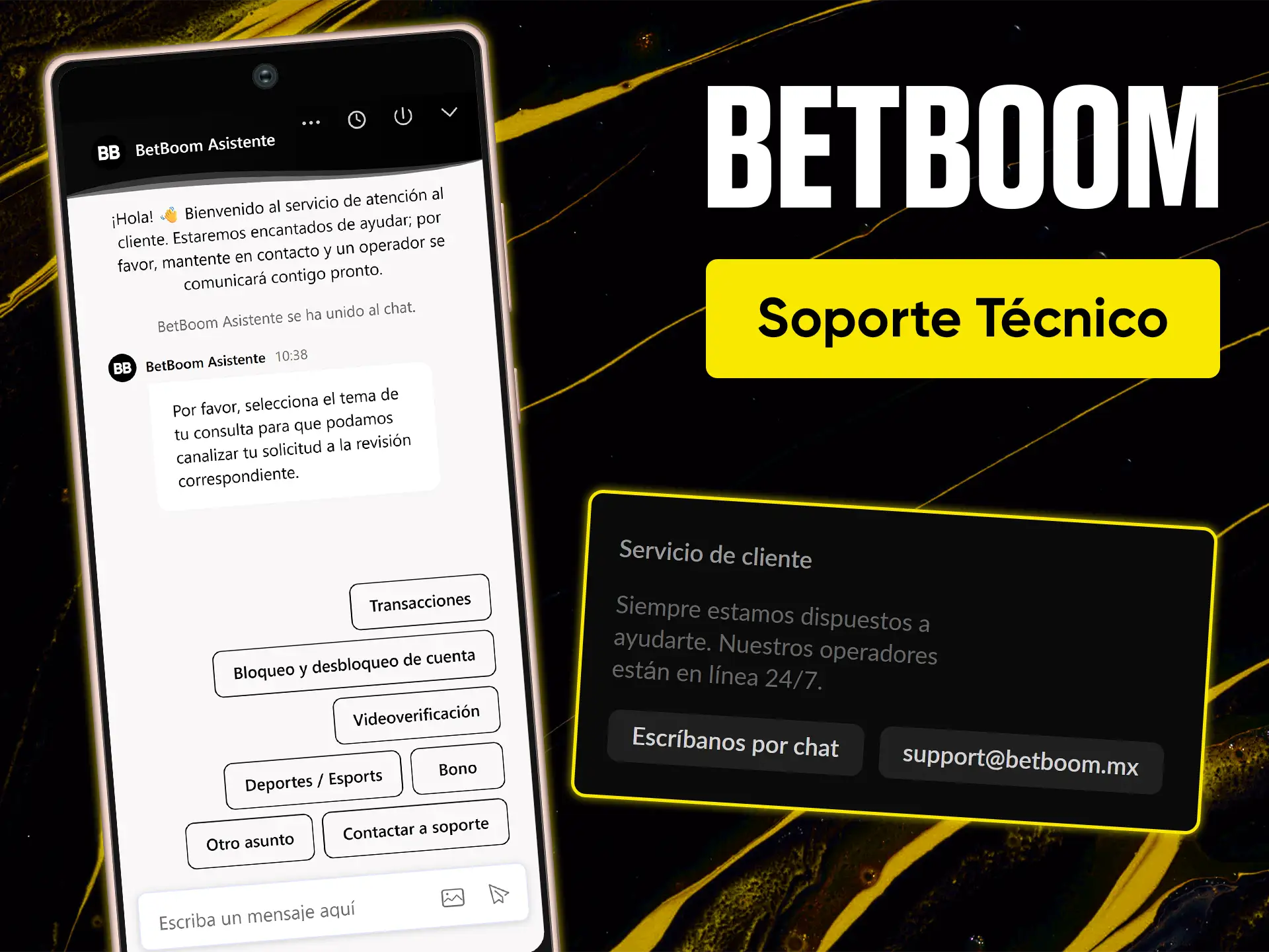 Ponte en contacto con el servicio de atención al cliente en la aplicación BetBoom.